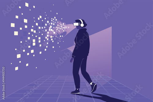 A person, engulfed in a glowing metaverse headset, appears lost and disoriented within a digital environment.  Their body is partially dematerialized.