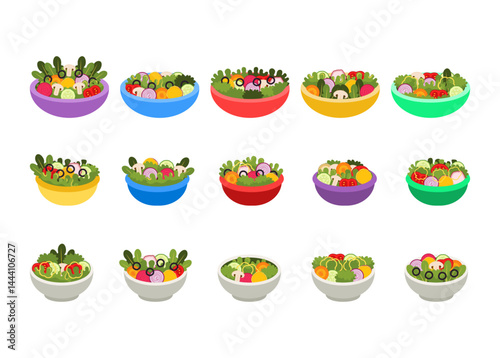 Salad bowl flat vector illustration set