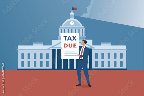 Create a modern, flat vector illustration of a businessman confidently holding a tax document, conveying professionalism and financial responsibility.