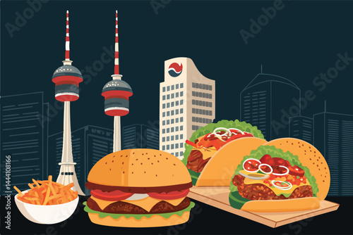 Design a vibrant vector illustration of modern Korean fusion tacos, showcasing unique fillings and aesthetically pleasing presentation.  Emphasis on bold colors and clean lines.