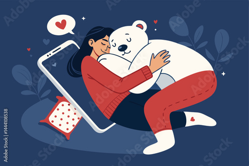 A person soundly asleep, clutching a smartphone as if it were a beloved teddy bear, peaceful slumber.