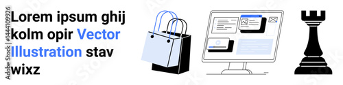 Shopping bag for retail, monitor displaying digital interface, chess rook for strategy concept. Ideal for e-commerce, design, technology, marketing, online retail, strategy flat landing page banner