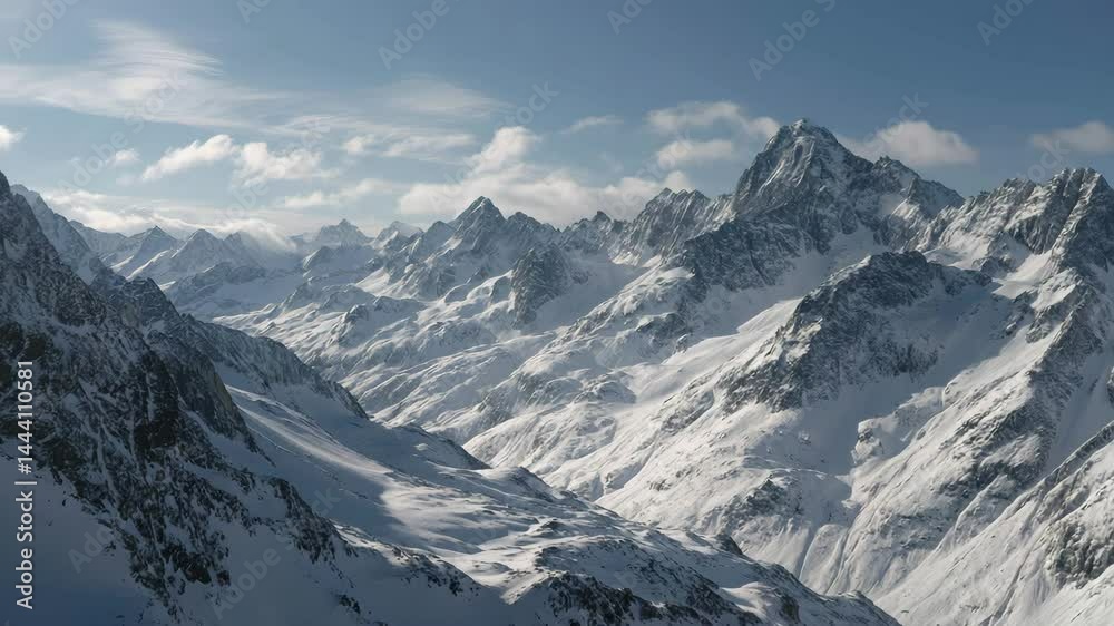 Panoramic view of snow capped mountains under a bright, clear sky. The scene features rugged peaks, valleys filled with snow, and a sense of vast, untouched wilderness. Panoramic view of snow capped mountains under a bright, clear sky. The scene features rugged peaks, valleys filled with snow, and a sense of vast, untouched wilderness.
