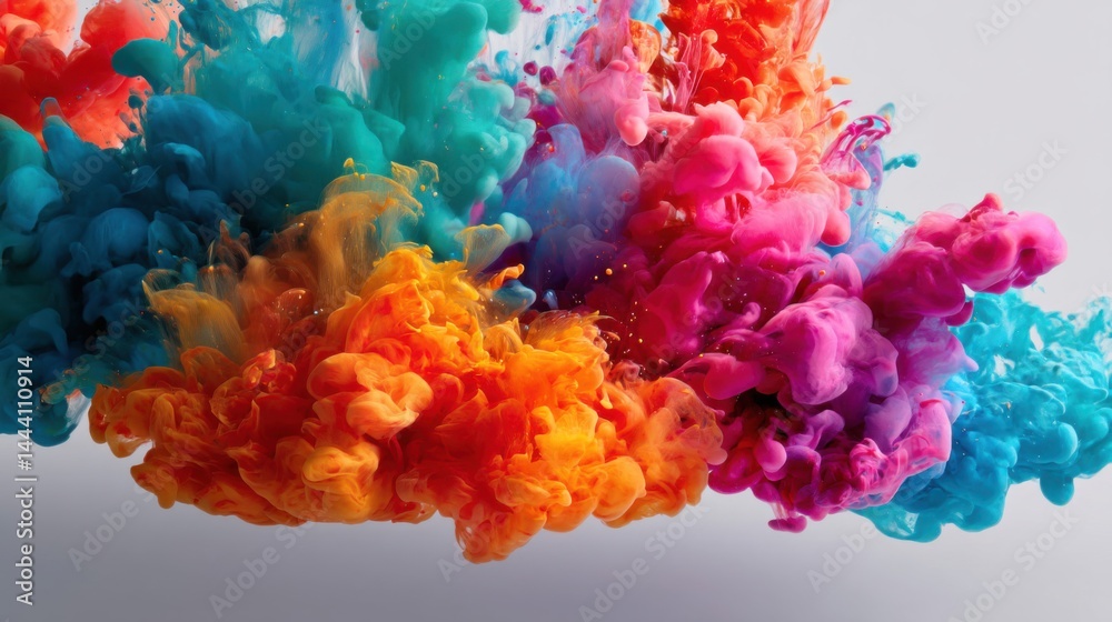 Vibrant Explosion of Colorful Ink Clouds on White Background Vibrant Explosion of Colorful Ink Clouds on White Background