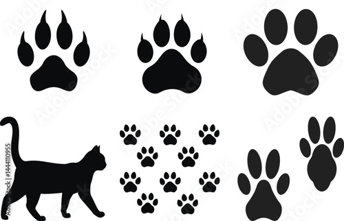 Cat Silhouettes and Mixed Paw Print Vector Set | Cat Clipart | Animal Tracks | Pet Paw Icons | Feline Footprints