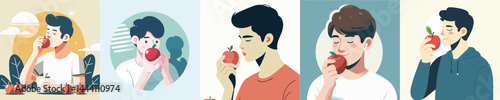Vector man eating red apple