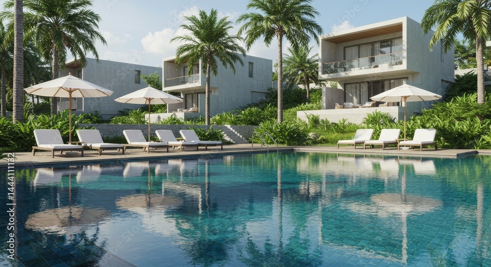 custom made wallpaper toronto digitalResort Poolside Relaxation: Modern Villas and Tropical Getaway - Luxury resort, tranquil pool, modern villas, palm trees, relaxation. Symbolizes escape, serenity, luxury, rejuvenation