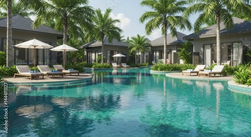 Resort Poolside Relaxation  Villas and Tropical Paradise - Luxurious resort  tranquil pool  comfortable loungers  modern villas  tropical setting. Symbolizing relaxation  luxury  escape  tranquility