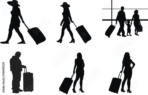 Airport Traveler Silhouettes with Luggage | Travel | Passengers | Departure