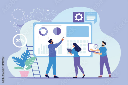 Create a modern, flat vector illustration depicting diverse people collaboratively working on a project, showcasing teamwork and synergy in a vibrant, minimalist style.