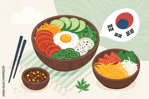 Design a vibrant, modern vector banner showcasing a delicious bibimbap bowl, emphasizing Korean food culture.  Include sleek design elements.