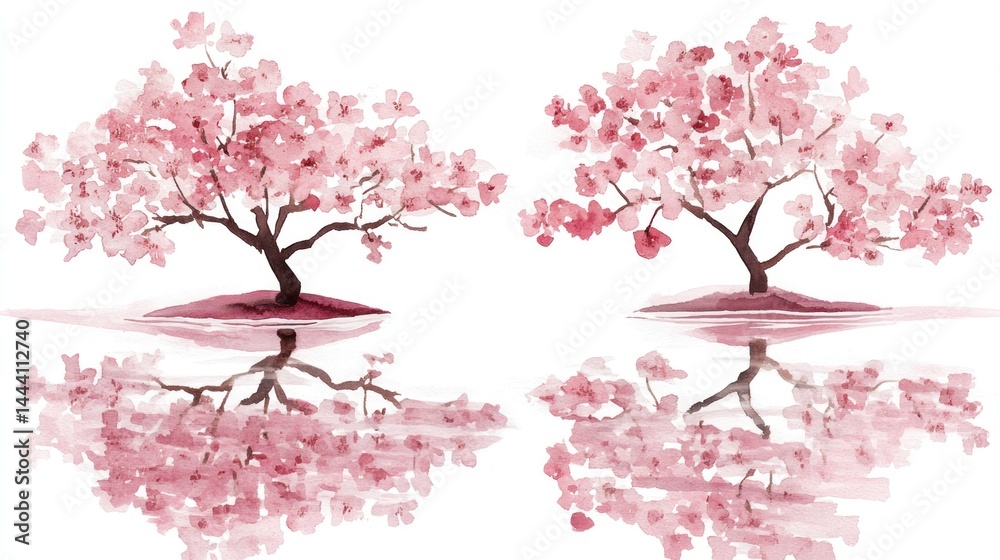 Fototapeta premium Two cherry blossom trees reflected in a tranquil water surface.