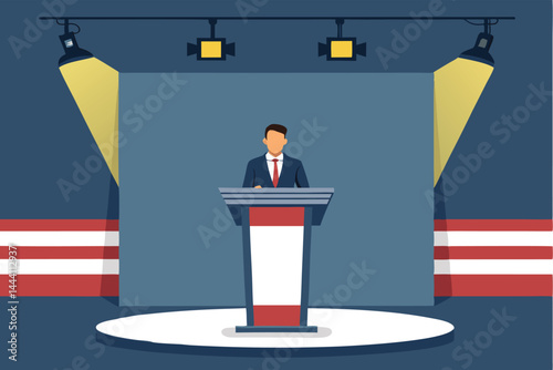 A meticulously crafted flat design illustration of a news anchor professionally delivering a broadcast in a modern TV studio, eyes fixed on a teleprompter.