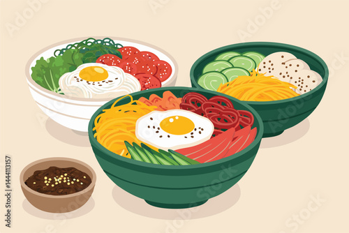 Design a vibrant modern vector banner showcasing a delicious bibimbap bowl, emphasizing Korean culinary culture with a contemporary aesthetic.