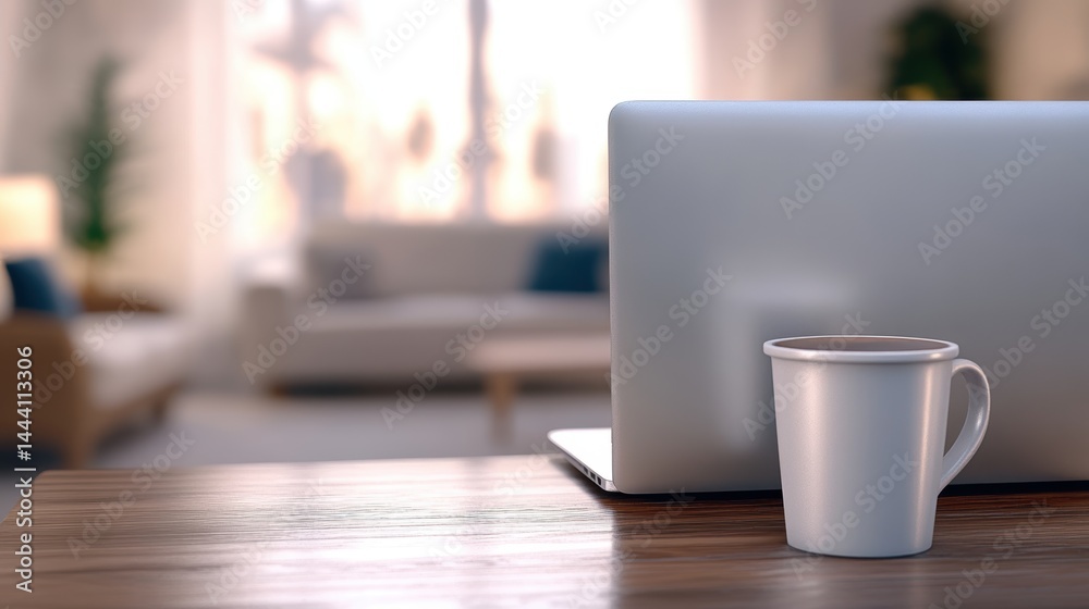 A cozy workspace scene featu a white coffee mug on a wooden desk beside a closed laptop, with a blurred living room seen in the background A cozy workspace scene featu a white coffee mug on a wooden desk beside a closed laptop, with a blurred living room seen in the background
