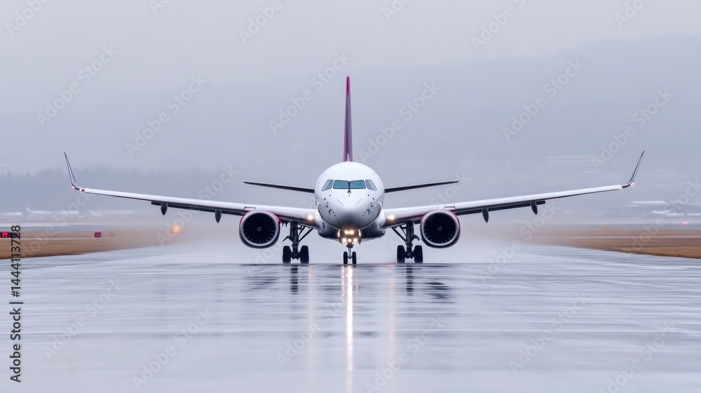 Naklejka premium Commercial jetliner taxiing on wet runway