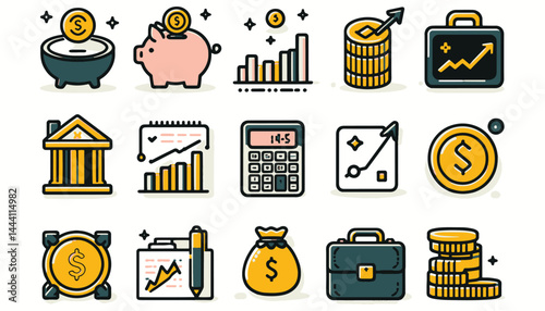 Stylized Financial Icons Representing Savings, Investments, and Economic Growth