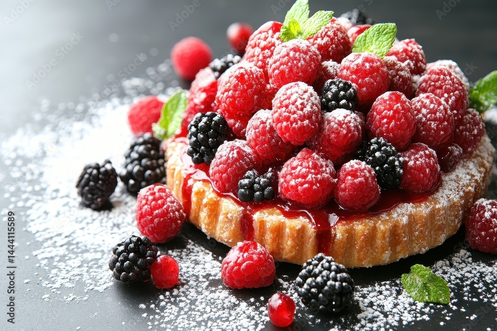 Delicious raspberry and blackberry tart with powdered sugar on a dark background Delicious raspberry and blackberry tart with powdered sugar on a dark background