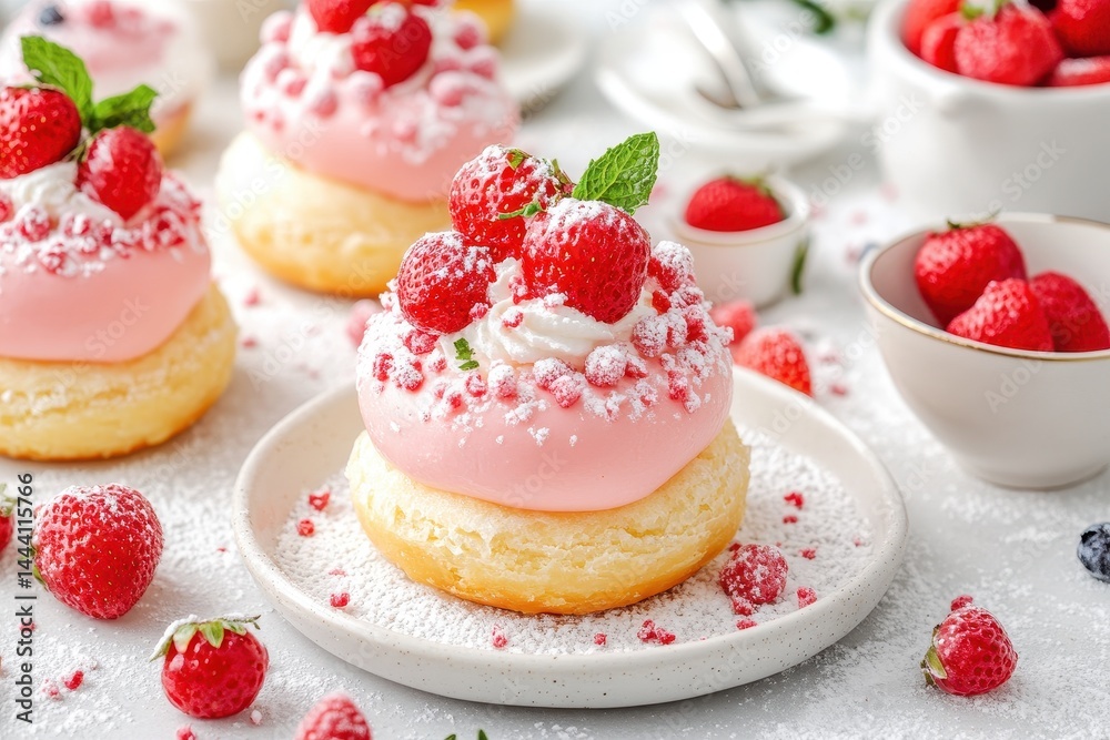 Delicious raspberry cream pastries on a white table, surrounded by fresh berries and utensils Delicious raspberry cream pastries on a white table, surrounded by fresh berries and utensils