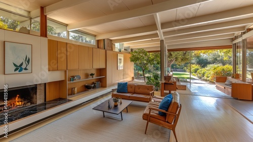 Spacious mid-century modern living room with open-plan design. photo