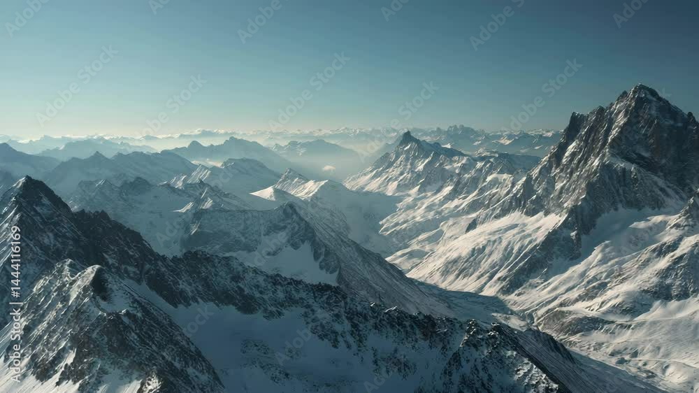 Aerial view of a snow capped mountain range on a clear day. Vast expanse of white and grey peaks under a bright blue sky. Dramatic landscape photography. Aerial view of a snow capped mountain range on a clear day. Vast expanse of white and grey peaks under a bright blue sky. Dramatic landscape photography.