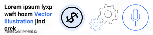 Dollar sign within a circle, gear icons, and a microphone outline alongside placeholder text. Ideal for finance, technology, automation, innovation, communication, software simple landing page