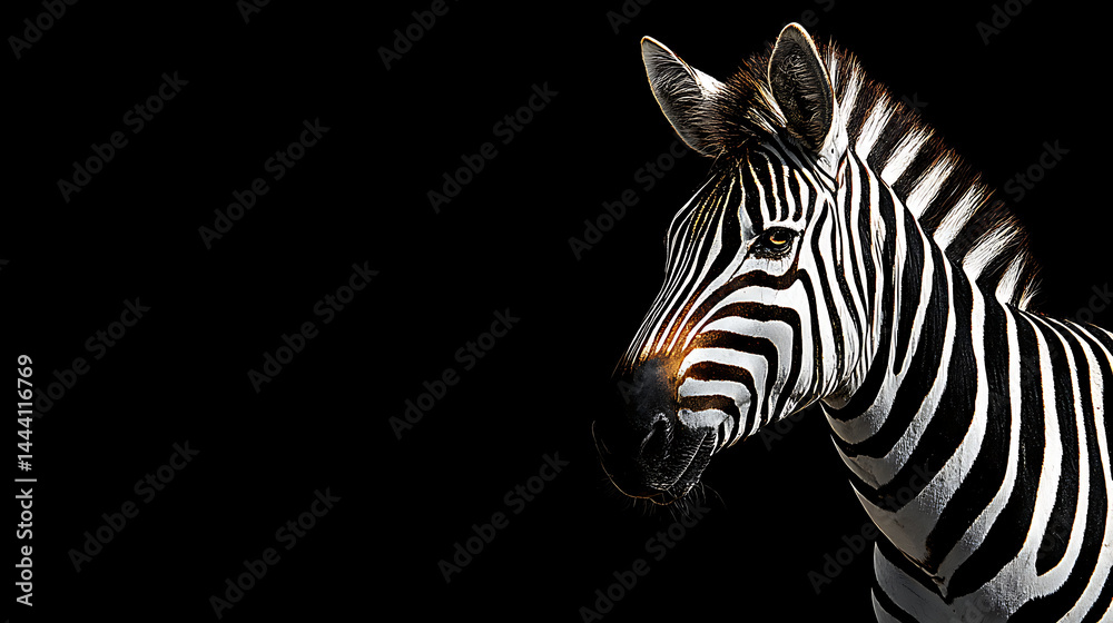 Majestic zebra portrait against a dark background, showcasing its striking stripes and features Majestic zebra portrait against a dark background, showcasing its striking stripes and features