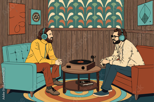 Two podcast hosts, retro style, vibrant room, vintage microphone, frying pan, playful expression, recording session.