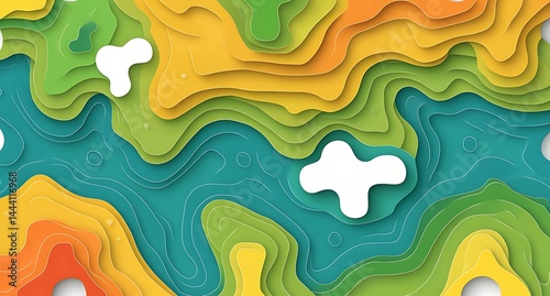 Layered Topography Map with Vibrant Colors Depicting River Flowing Scenery