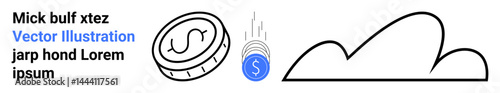 Coin with dollar symbol falling beside a simplistic cloud and placeholder text. Ideal for finance, investment, cloud computing, minimalism, economy, innovation, abstract themes, simple landing page