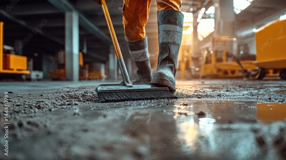 Industrial worker sweeping wet concrete floor Industrial worker sweeping wet concrete floor