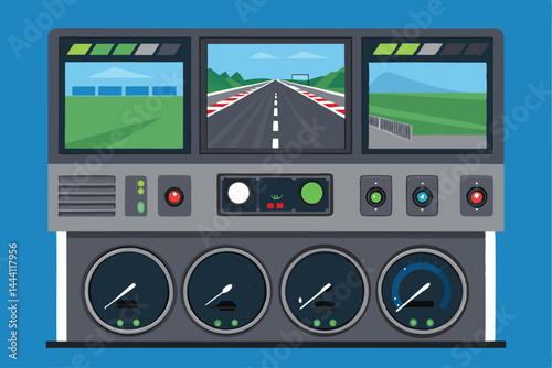 Create a vector illustration of a detailed racing car dashboard and pit stop monitors, showing real-time data like speed, RPM, and tire pressure.  Focus on a clean, high-tech aesthetic.