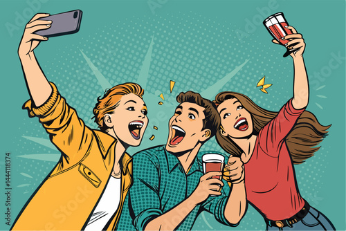 A group of inebriated partygoers take silly, humorous selfies, showcasing exaggerated facial expressions and candid moments of a wild night out.