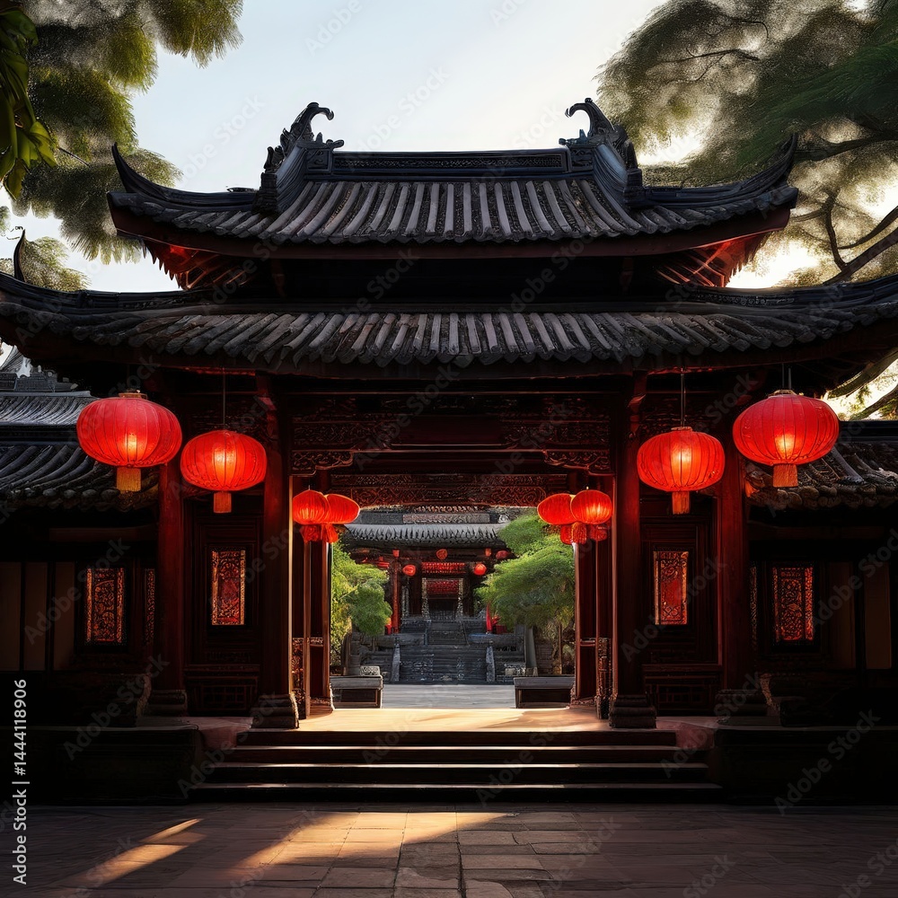 Fototapeta premium an AI Image Generator, Traditional Chinese Courtyard with Lanterns