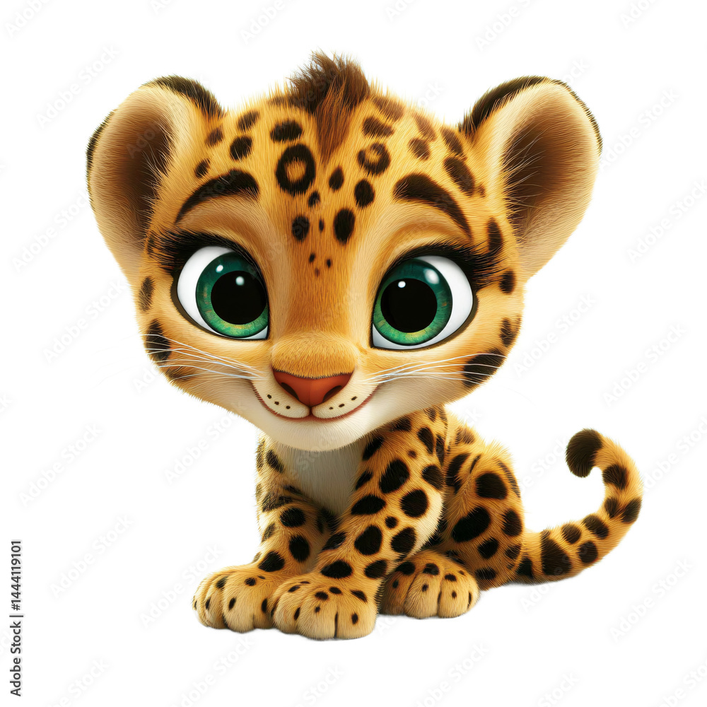 Digitally rendered, cartoonish leopard cub, with large, bright eyes, in a sitting pose. The cub is presented with a friendly expression, and features a pattern of spots in a warm colour palette. Digitally rendered, cartoonish leopard cub, with large, bright eyes, in a sitting pose. The cub is presented with a friendly expression, and features a pattern of spots in a warm colour palette.