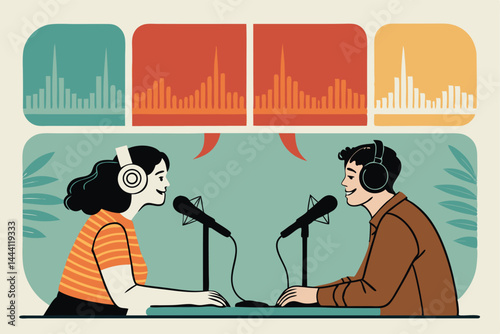 A vibrant 70s-style illustration of two podcast hosts, male and female, sitting at a retro microphone setup, groovy lines and shapes incorporated.