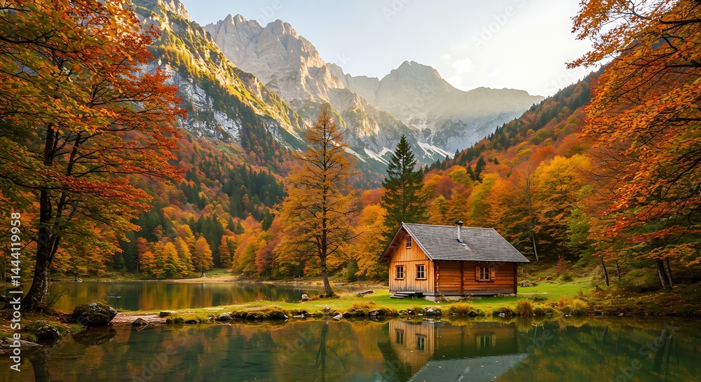 Fototapeta premium A small wooden cabin by a mountain lake in autumn