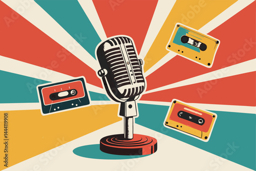 Design a retro-style podcast background illustration featuring vintage microphones, cassette tapes, and record players.  Include vibrant colors and a dynamic layout.