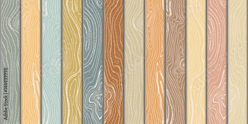 Wood plank wall, vertical slats, wood texture seamless pattern, different colors, vector design