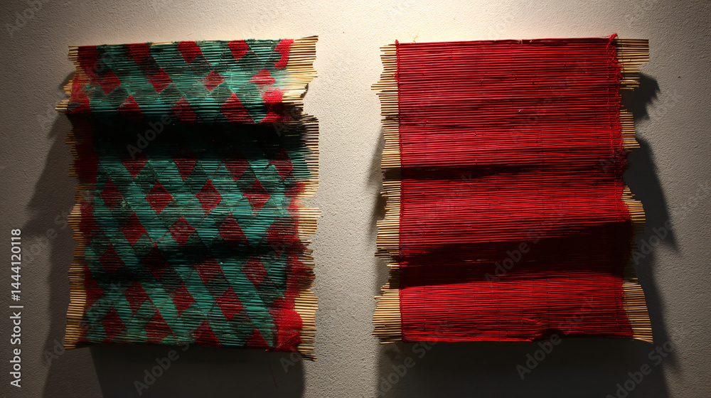 Two textile pieces on bamboo