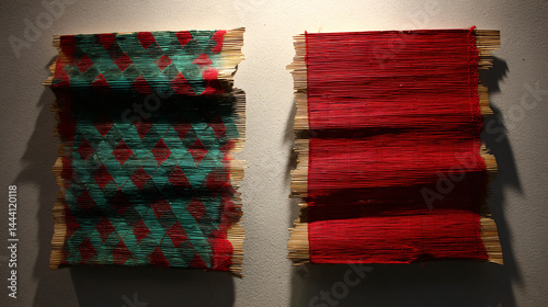 Two textile pieces on bamboo