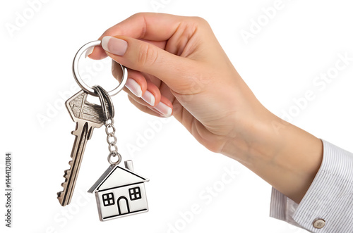 hand holding house keys with keychain isolated on white background PNG photo