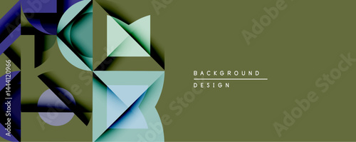 Abstract geometric shapes overlap, creating dynamic visual effect. Colors include blue, green, black, gray. Background is olive drab. Modern design element.