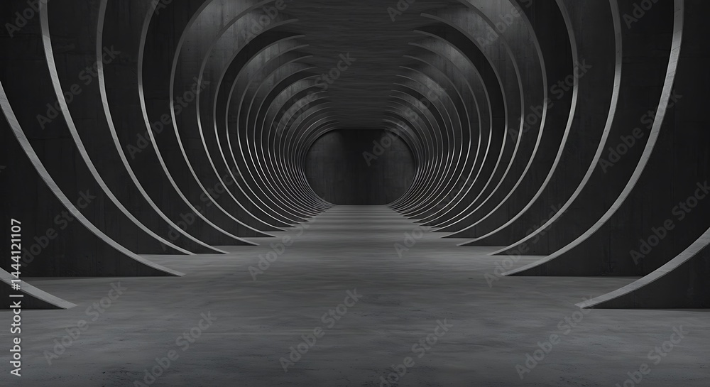 Obraz premium Abstract empty, modern concrete room with indirect lighting from back with rows of bend walls on the sides and rough floor