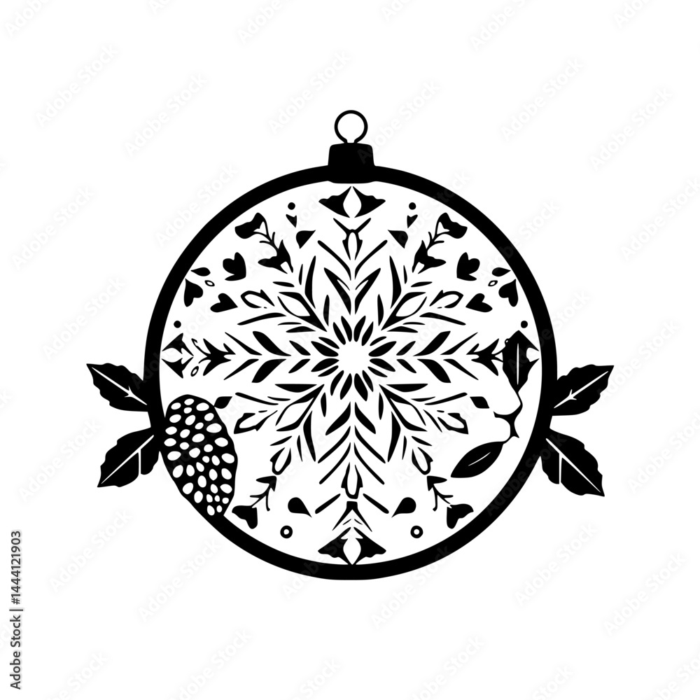 Fototapeta premium Minimalist Christmas Ornament: Botanical Snowflake, Black & White