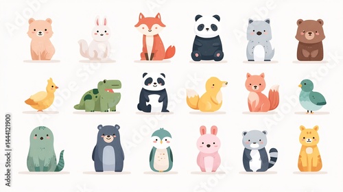 Charming Collection of Cartoon Animals in Soft Pastel Colors for Children's Illustration