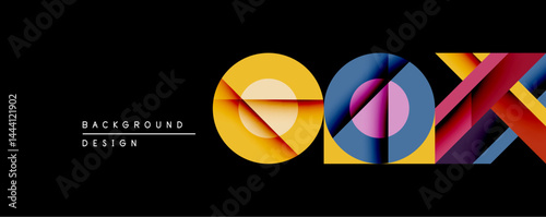 Abstract geometric composition. Overlapping circles, segments create dynamic visual effect. Warm, cool colors contrast against dark background. Modern design element.
