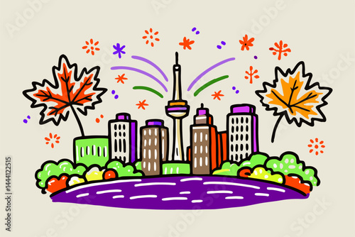 Hand-drawn Canada Day background with a night city skyline