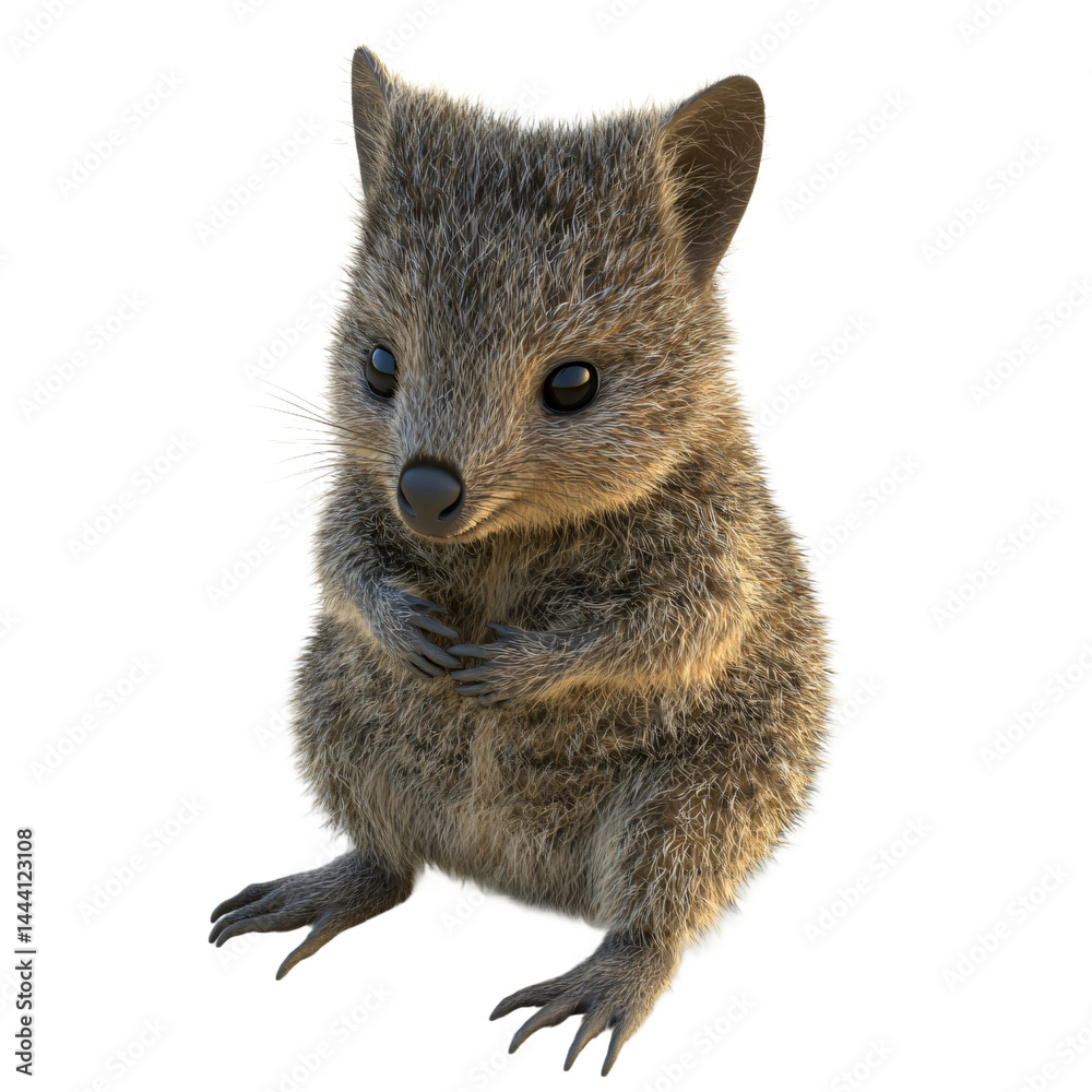 Fototapeta premium Digital rendering of a small, furry marsupial, likely a joey, sitting upright and facing the viewer. The image is highly detailed, focusing on its soft fur and expressive eyes.