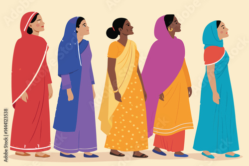 Create a seamless vector pattern showcasing diverse women from various global cultures, each in traditional attire, celebrating unity and cultural richness.